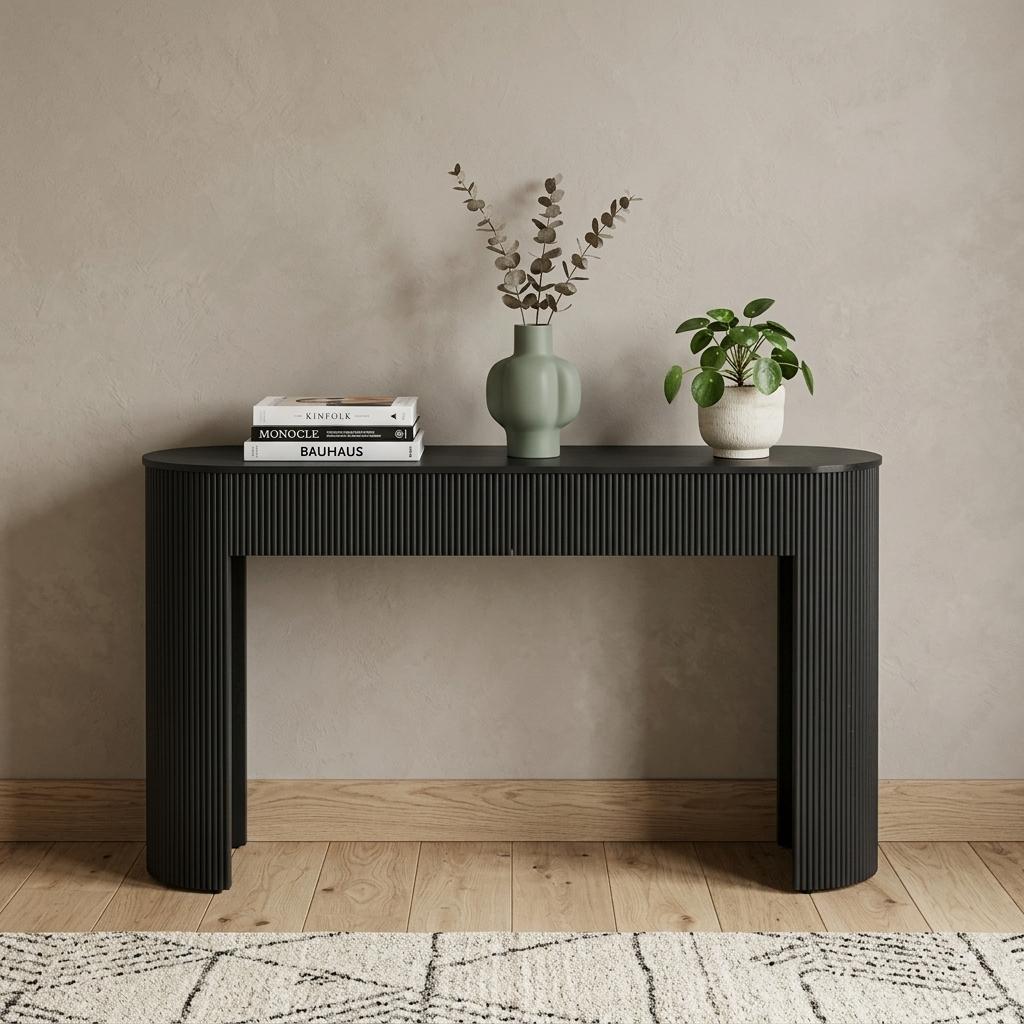 738112 54 in. Black Wood Ribbed Texture Double Pedestal Oval Console Table with Two Drawers