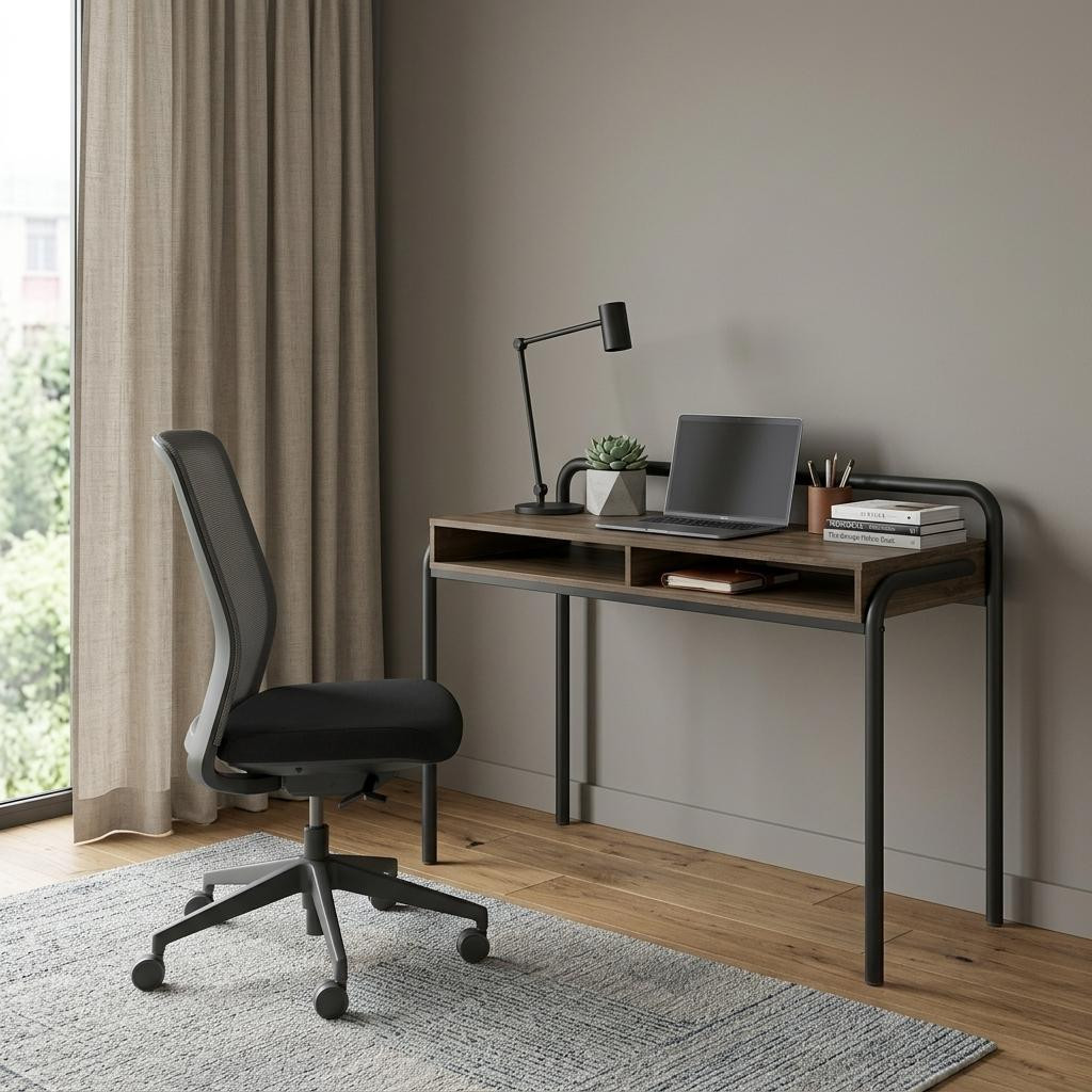 723769 46 in. Walnut & Black Wood & Steel Writing Desk