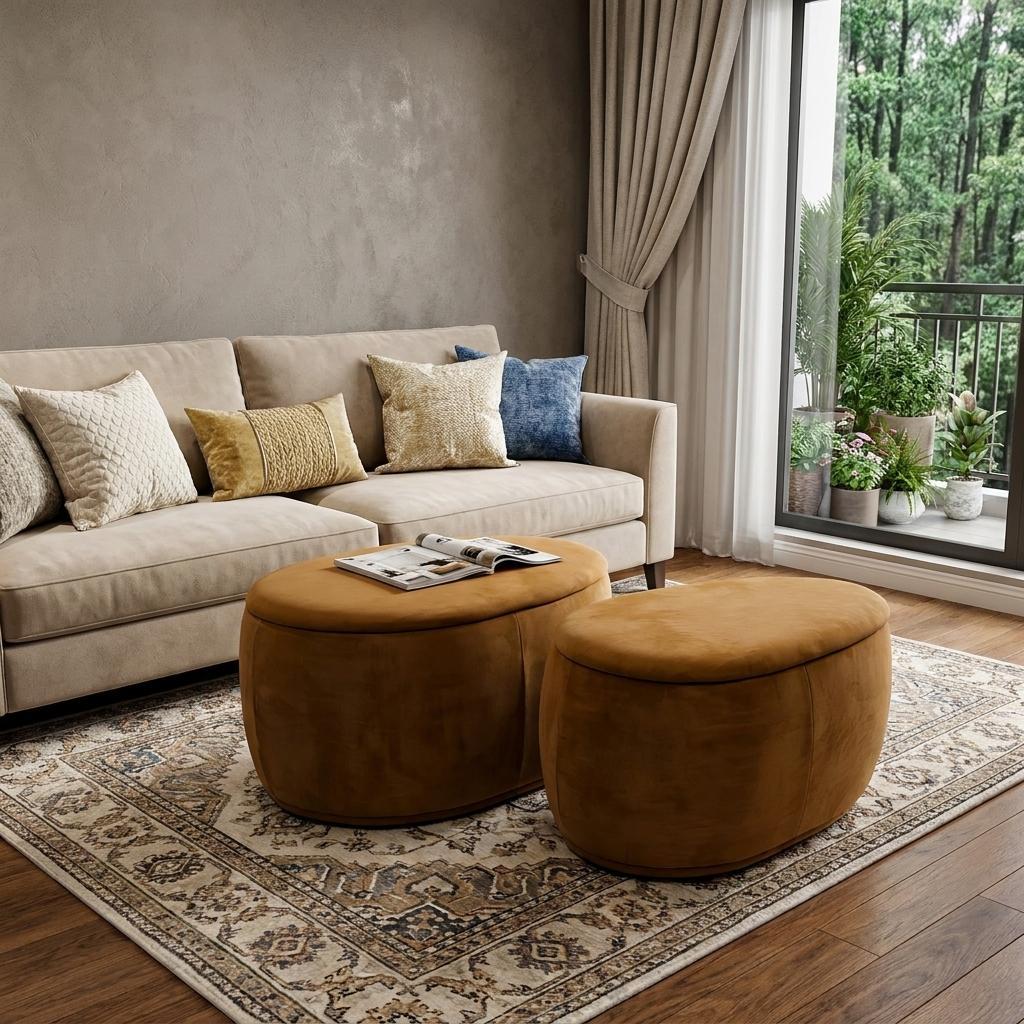 748605 34 in. Set of Two Gold Chenille Oval Ottoman with Storage