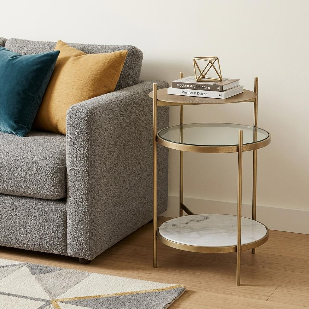605362 24 in. Brass Clear & White Iron Glass & Marble Round End Table with Two Shelves