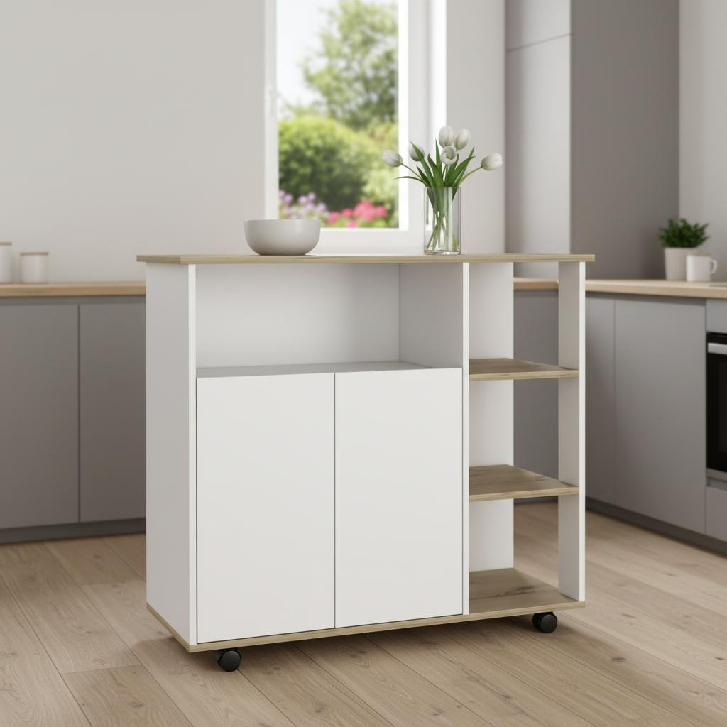 478267 39 in. Oak & White Wood Rolling Kitchen Island with Storage