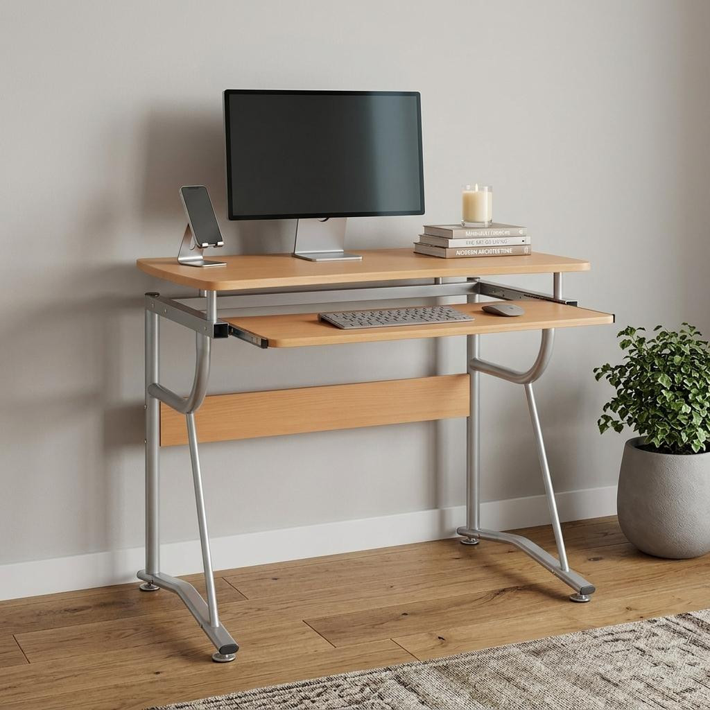 723739 43 in. Oak & Silver Wood & Steel Computer Desk