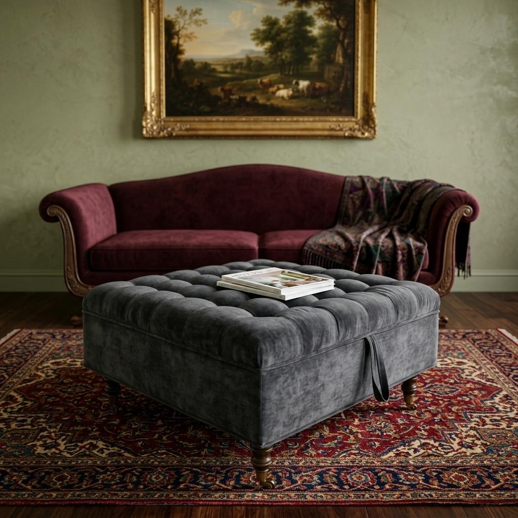 748608 34 in. Dark Gray & Black Rolling Chenille Tufted Ottoman with Storage