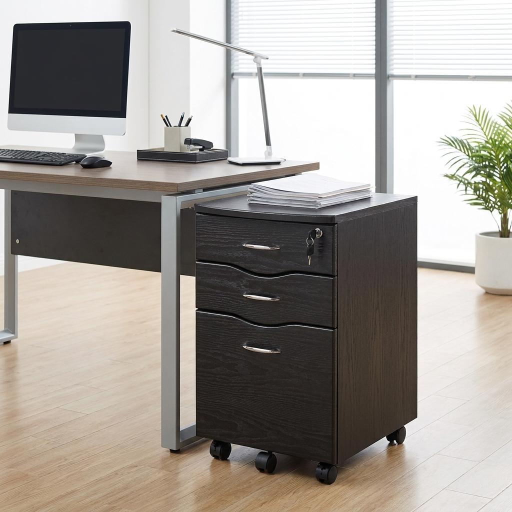 723070 25 in. Espresso Wood Three Drawer Rolling Filing Cabinet