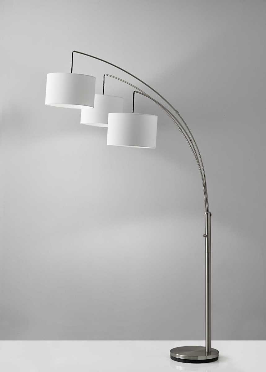 372706 Three Light Brushed Steel Metal Arc Floor Lamp with Suspended White Drum Shades