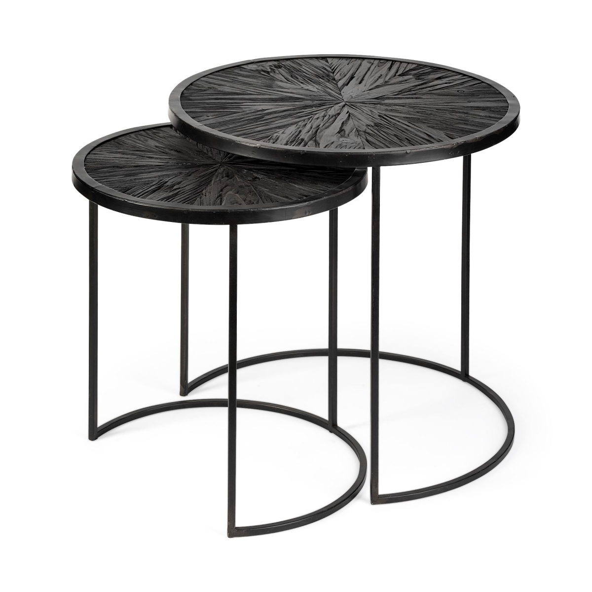 Dark Wood Round Top Accent Tables with Black Iron Frame - Set of 2