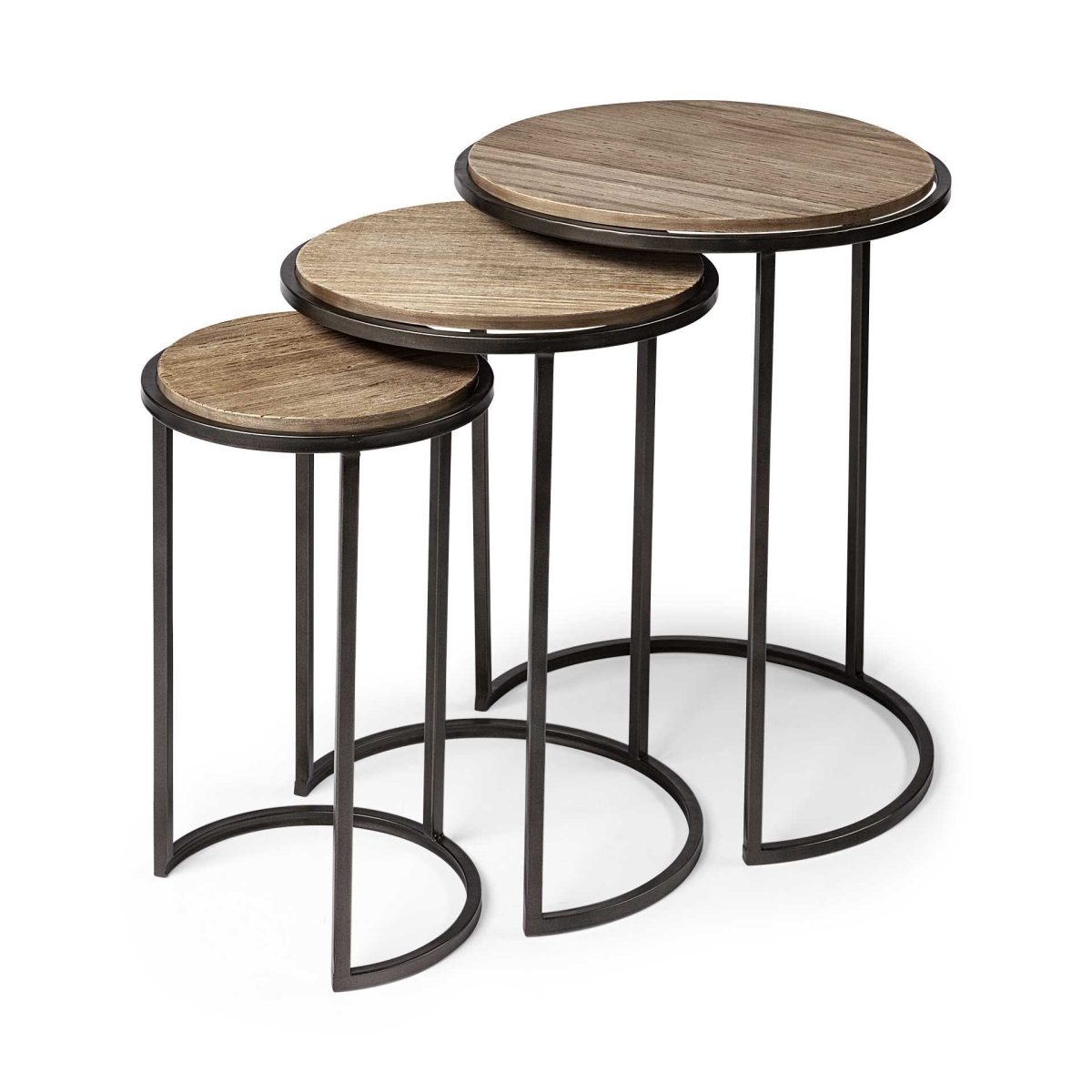 Brown Wood Round Top Accent Table with Iron Nesting - Set of 3