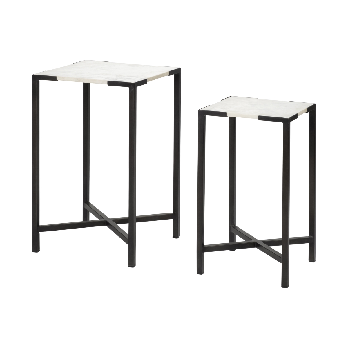 380691 White Marble Square Top Accent Table with Black Iron Frame - Set of 2