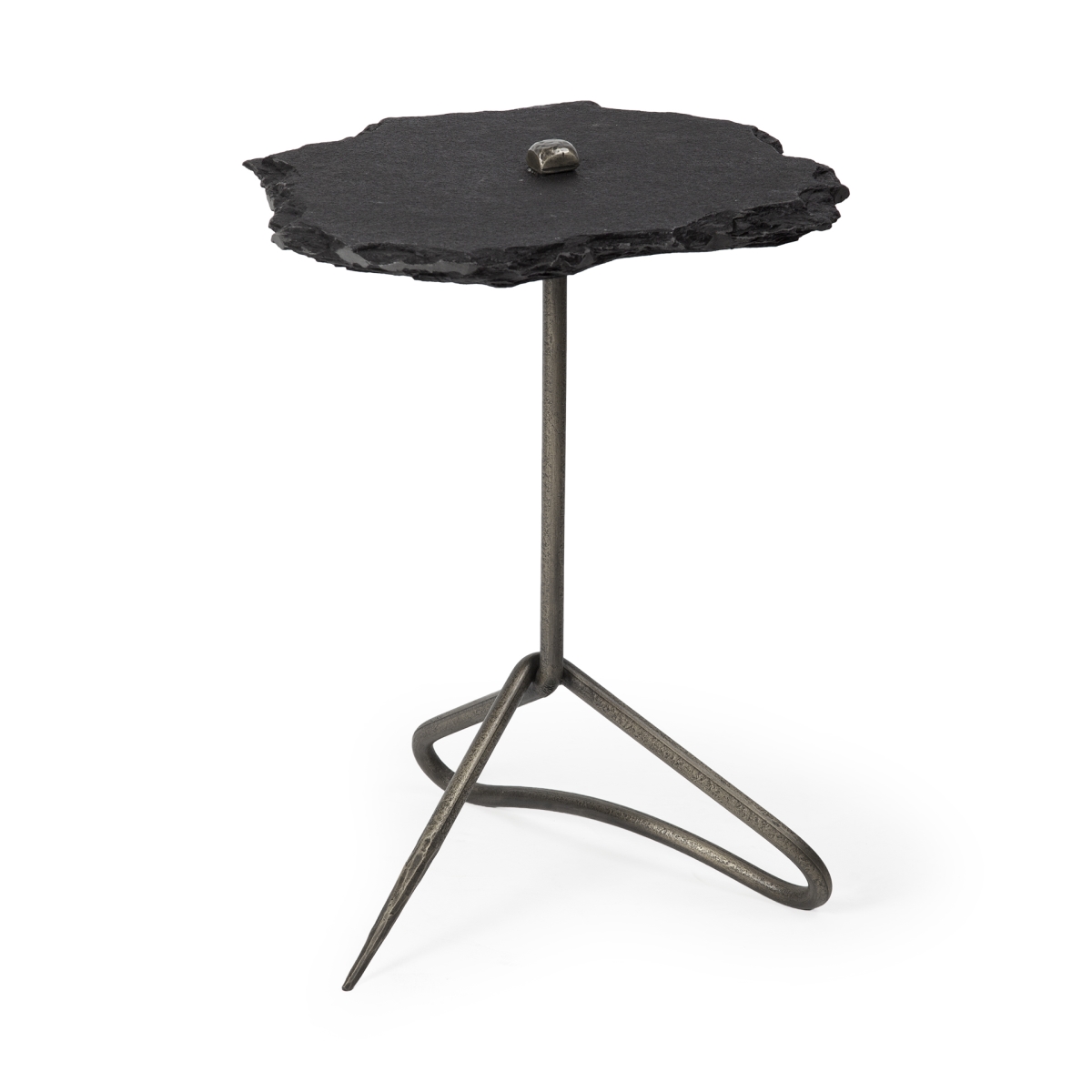 Black Slate-Top Accent Table with Triangular Iron Base