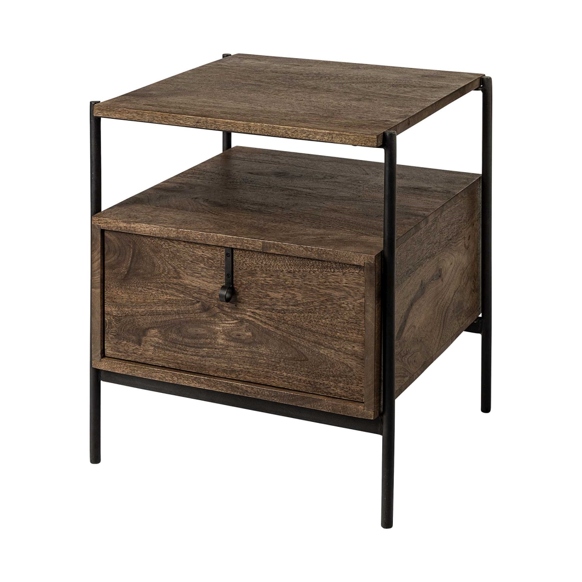 Square Top End Table with Wood & Iron Black Frame, Dark Brown