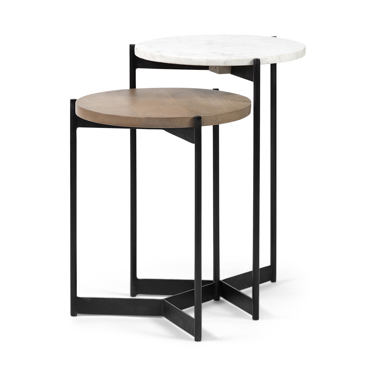 Wood Round Top Side Tables with Marble Nesting, Brown - Medium - Set of 2