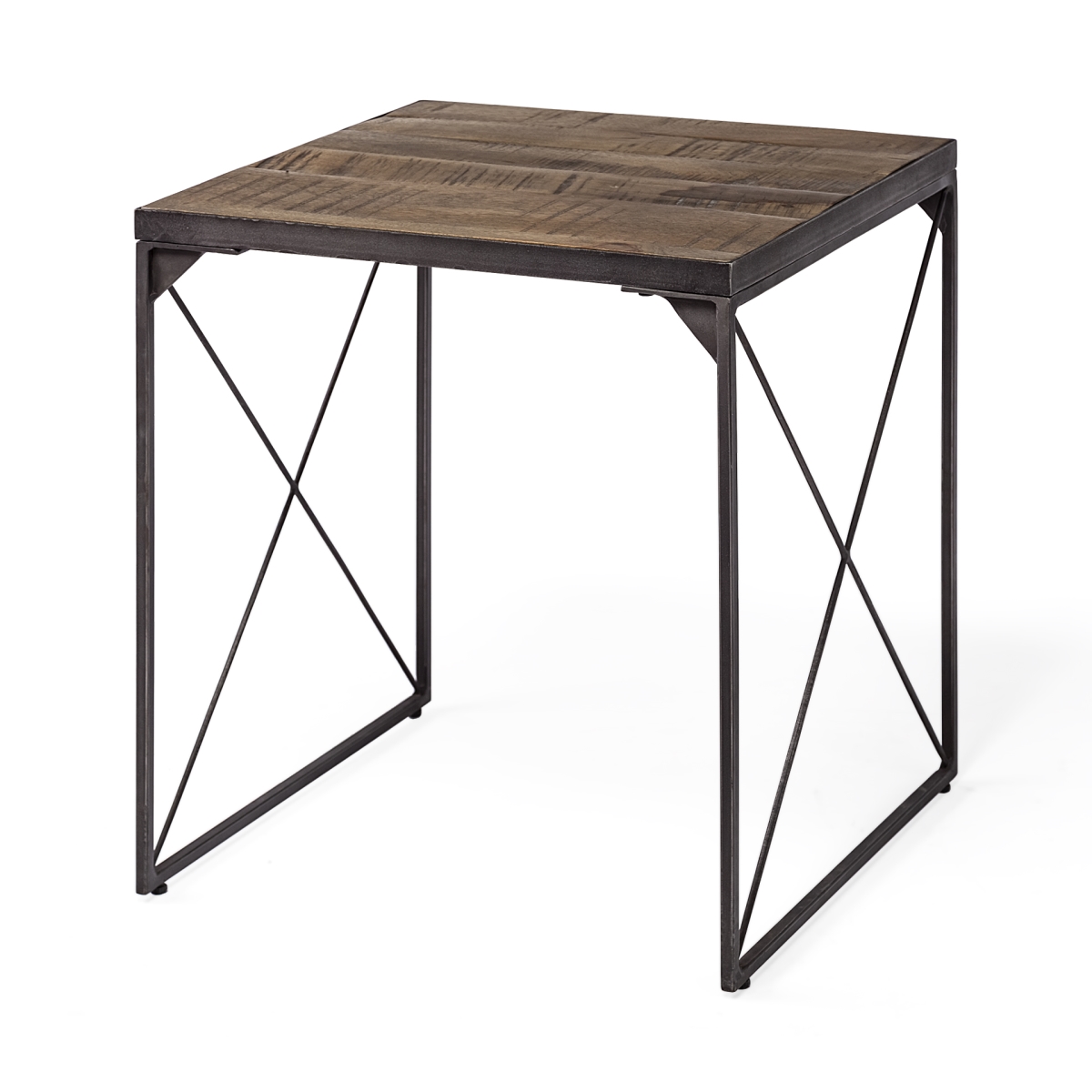 380661 Medium Brown Wood Side Table with Square Top & Iron Cross Braced
