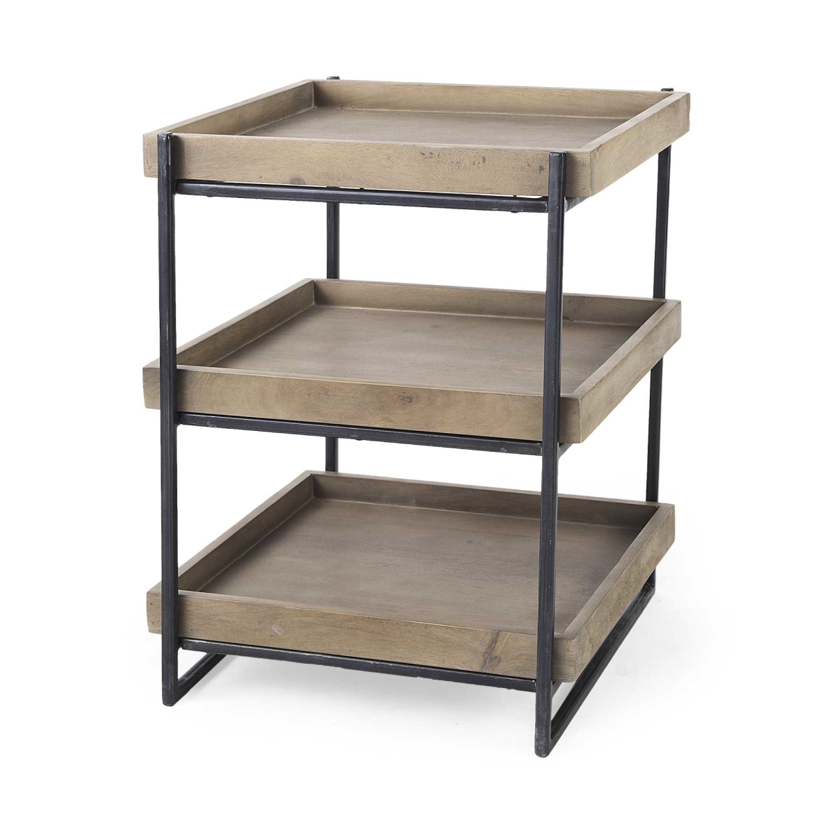 380659 Medium Brown Wooden Square Top Side Table with Three-Tiered Black Iron Frame