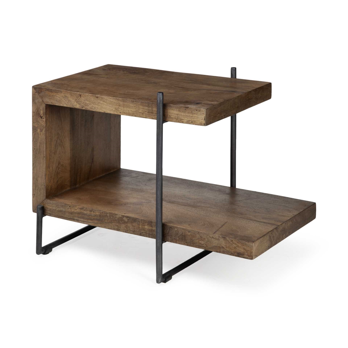 380658 Wood U Shaped Side Table with Extended Storage Shelf, Brown - Medium