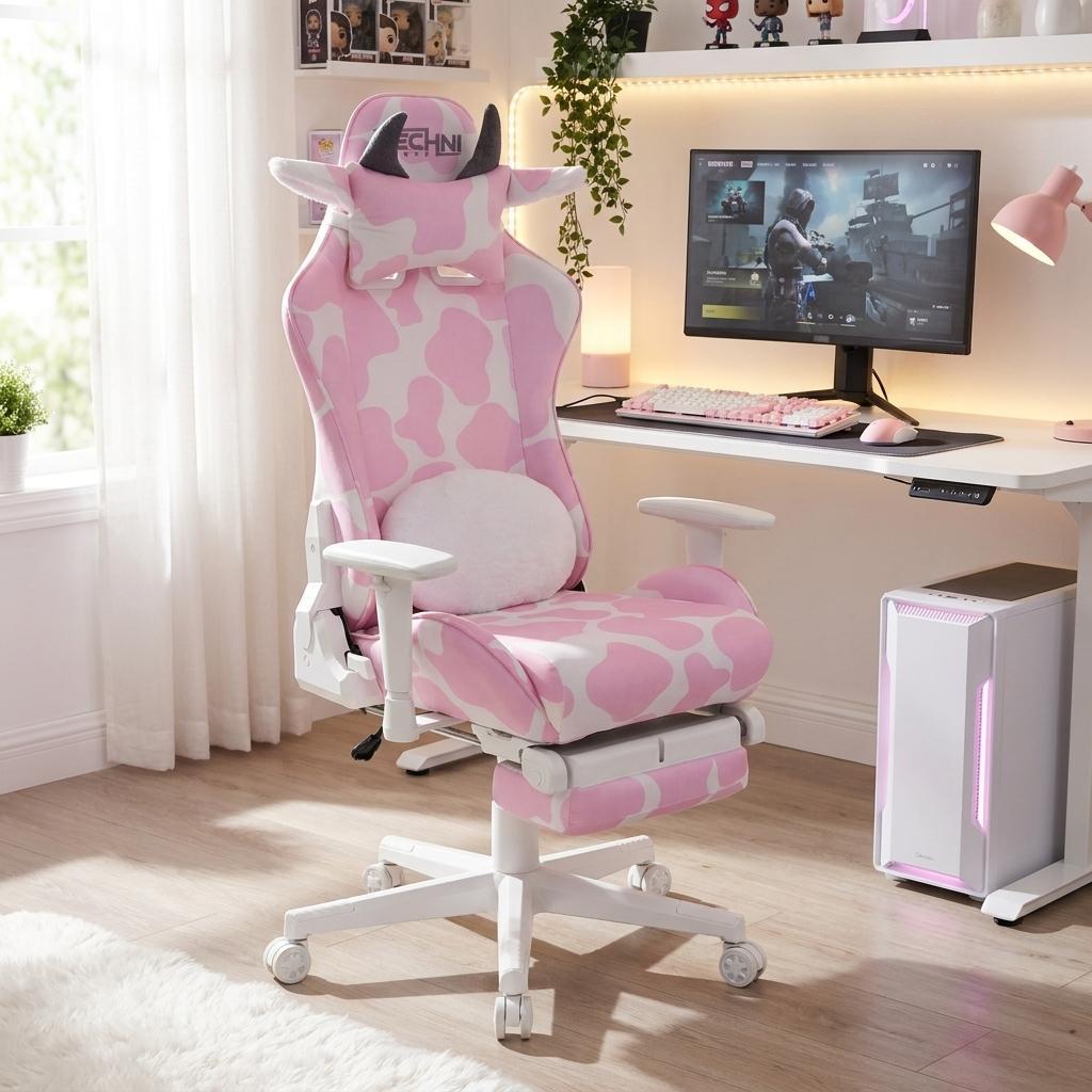 727706 Pink & White Cow Print Adjustable Height Rolling Gaming Chair with Footrest