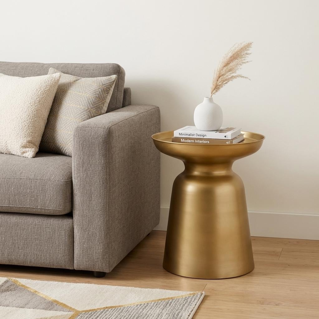 636084 18 in. Powder Coated Gold Iron Round Pedestal End Table