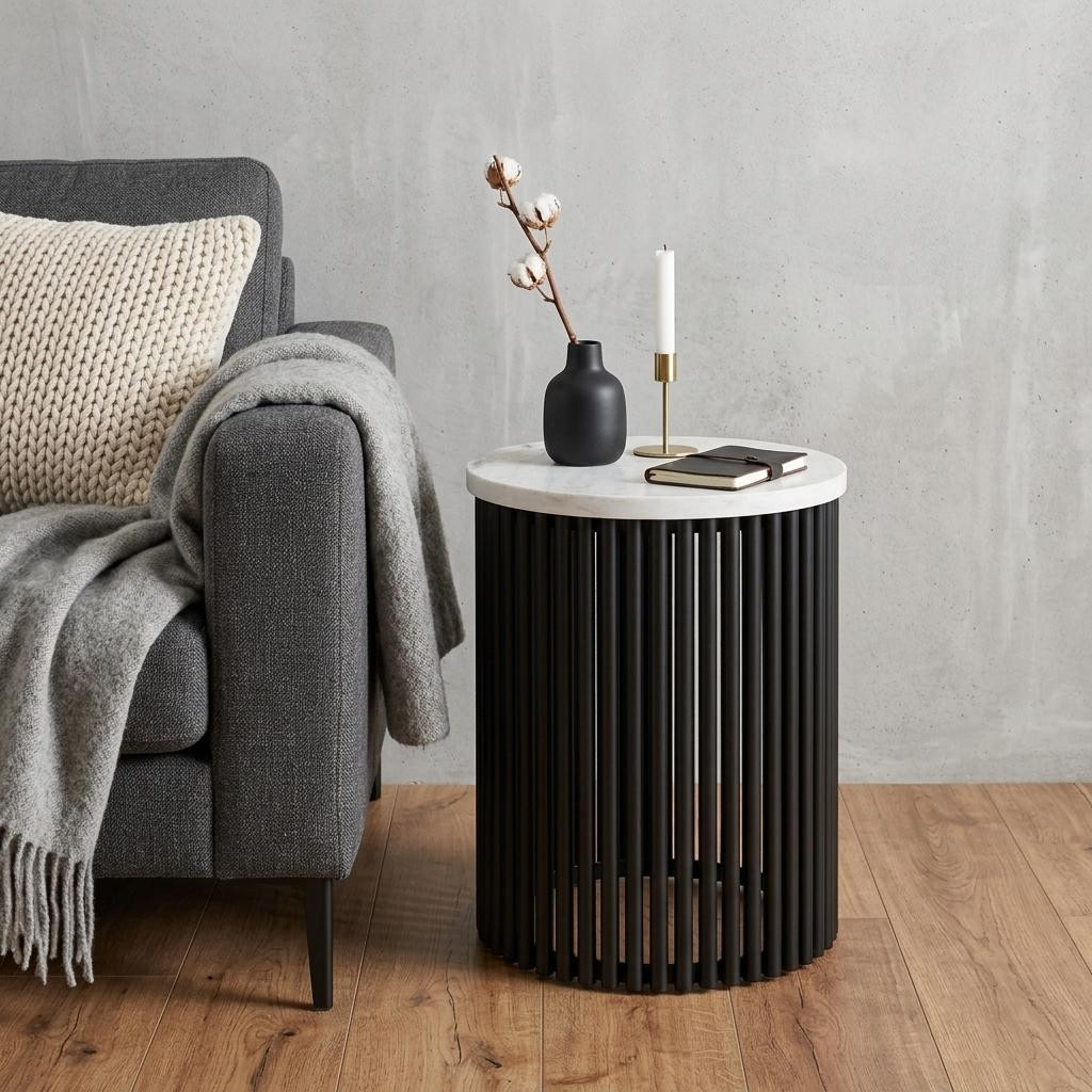 636104 21 in. Matte White & Black Marble & Iron Round Drum End Table