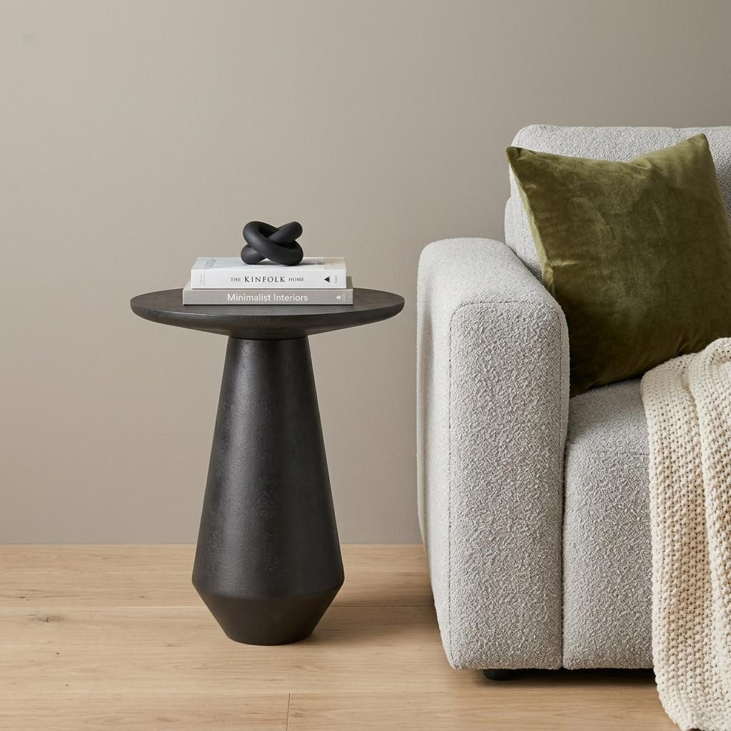 636115 19 in. Powder Coated Graphite Distressed Aluminum Round Pedestal End Table