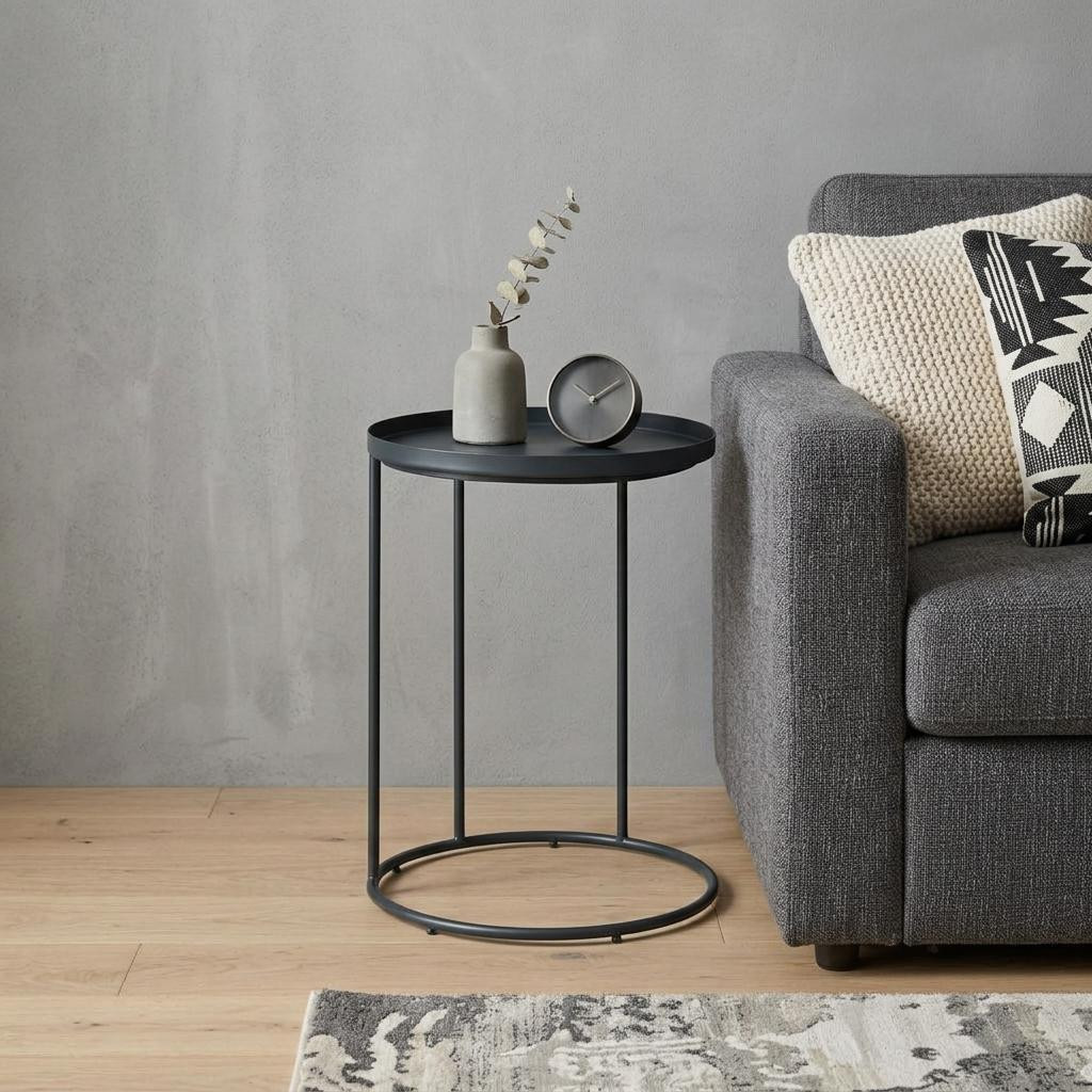 636135 23 in. Matte Black Iron Round End Table