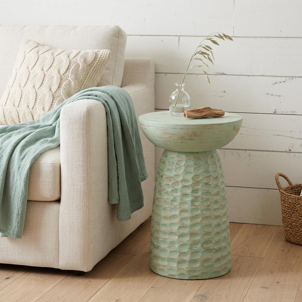 641900 18 in. Green & Natural Distressed Solid Wood Round Pedestal End Table, Gray