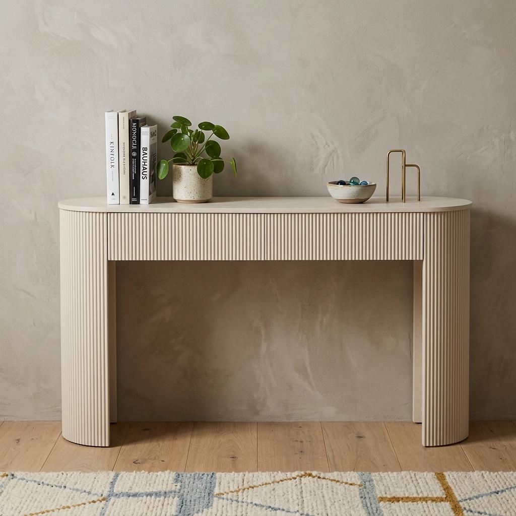 738111 54 in. Off White Wood Ribbed Texture Double Pedestal Oval Console Table with Two Drawers