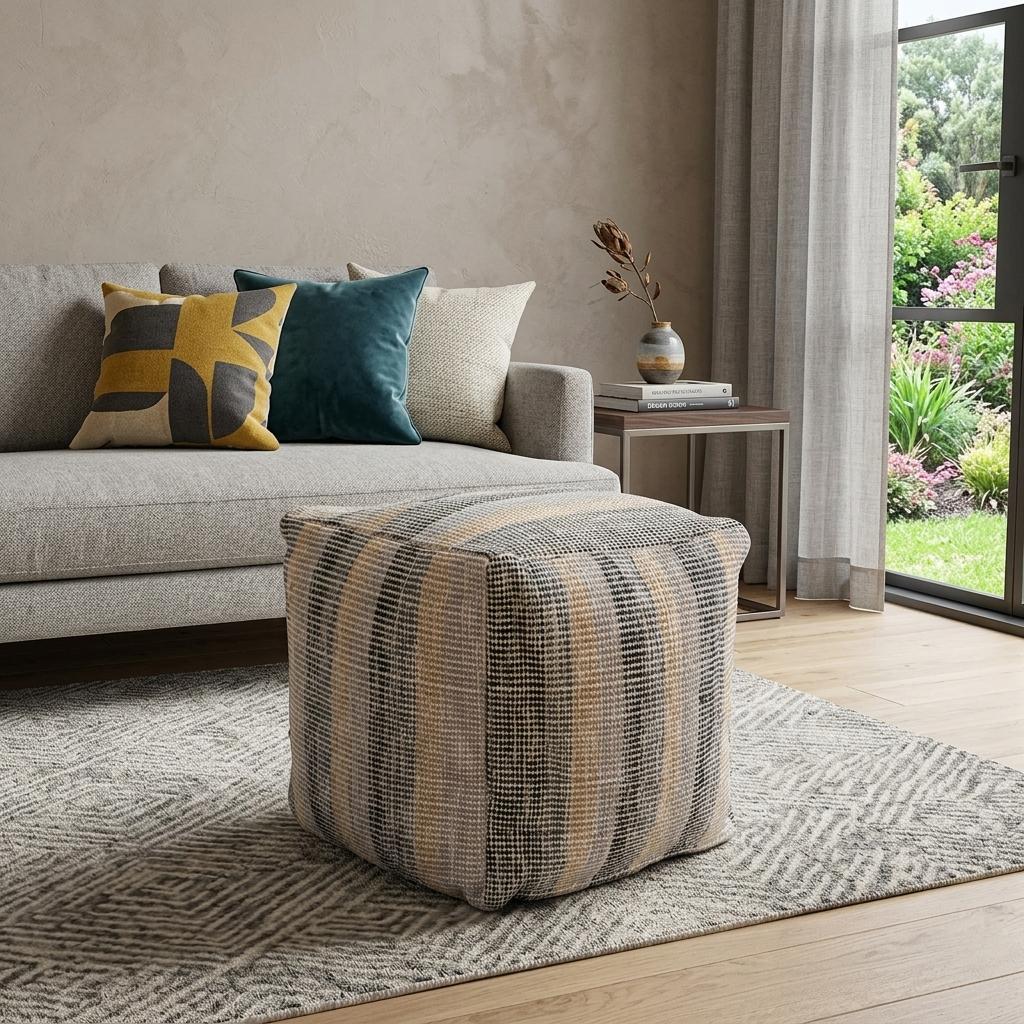 755495 18 in. Beige Black & Gray Cotton Blend Striped Cube Pouf Ottoman
