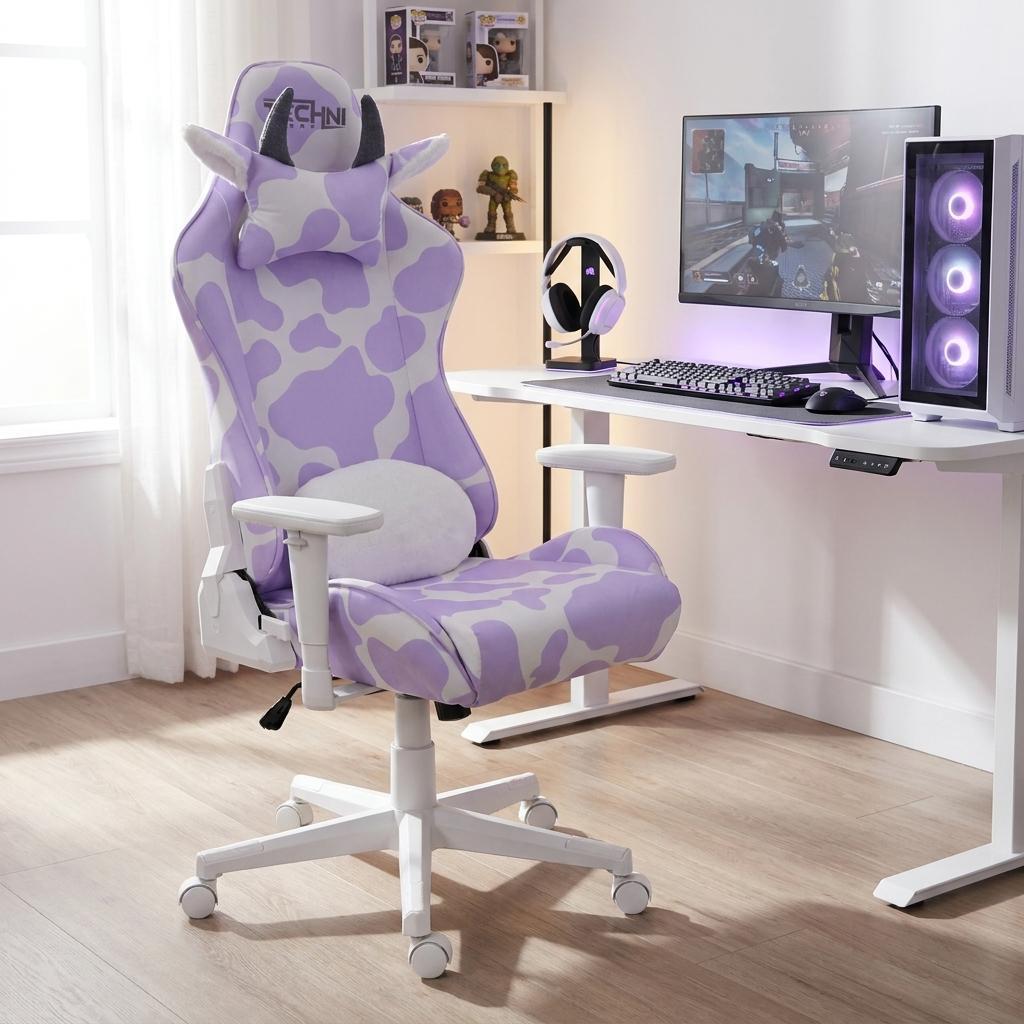 727700 Lavender & White Cow Print Adjustable Height Rolling Gaming Chair