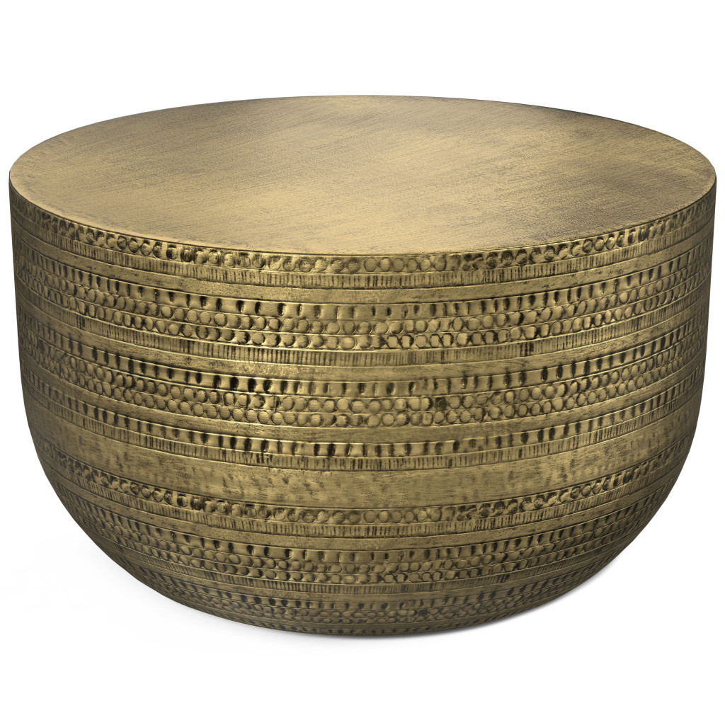 641871 18 in. Powder Coated Antiqued Gold Distressed Iron Round Drum End Table