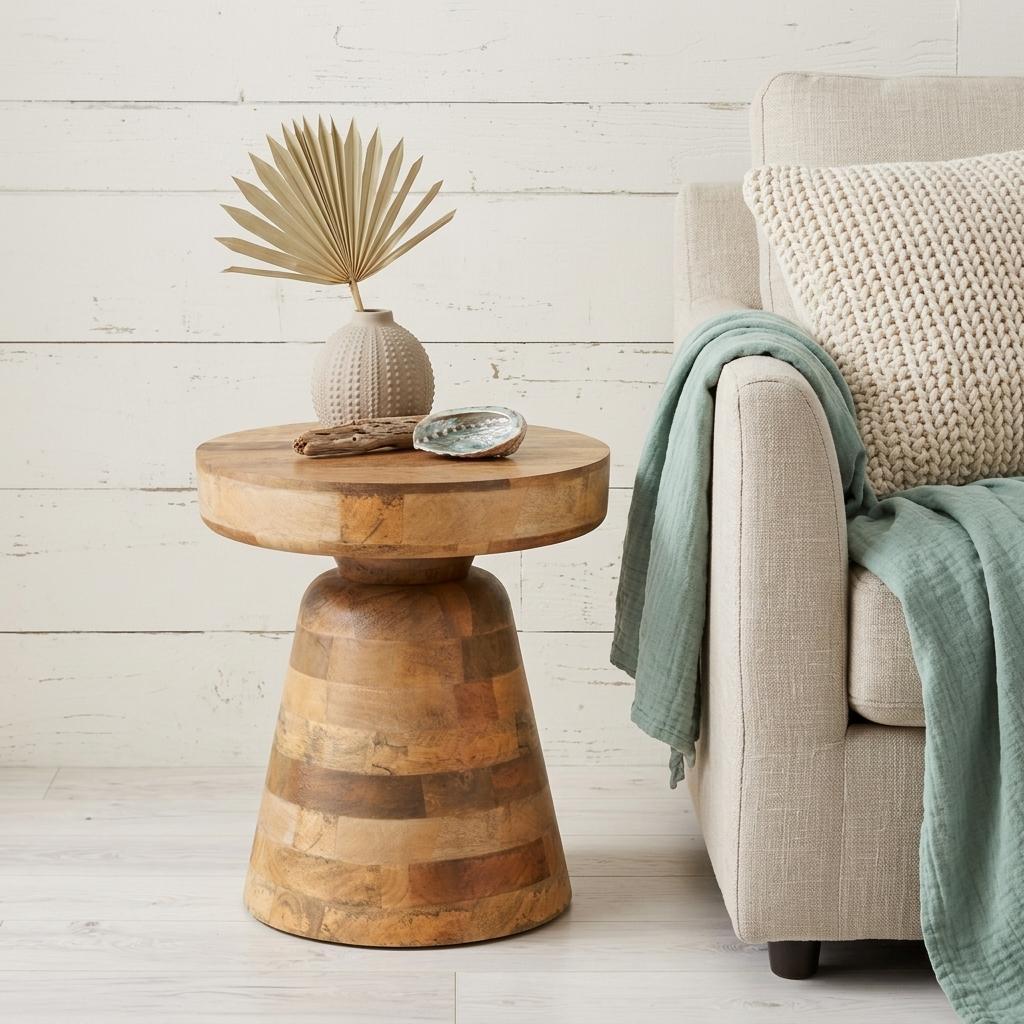 641939 18 in. Natural Solid Wood Round Pedestal End Table