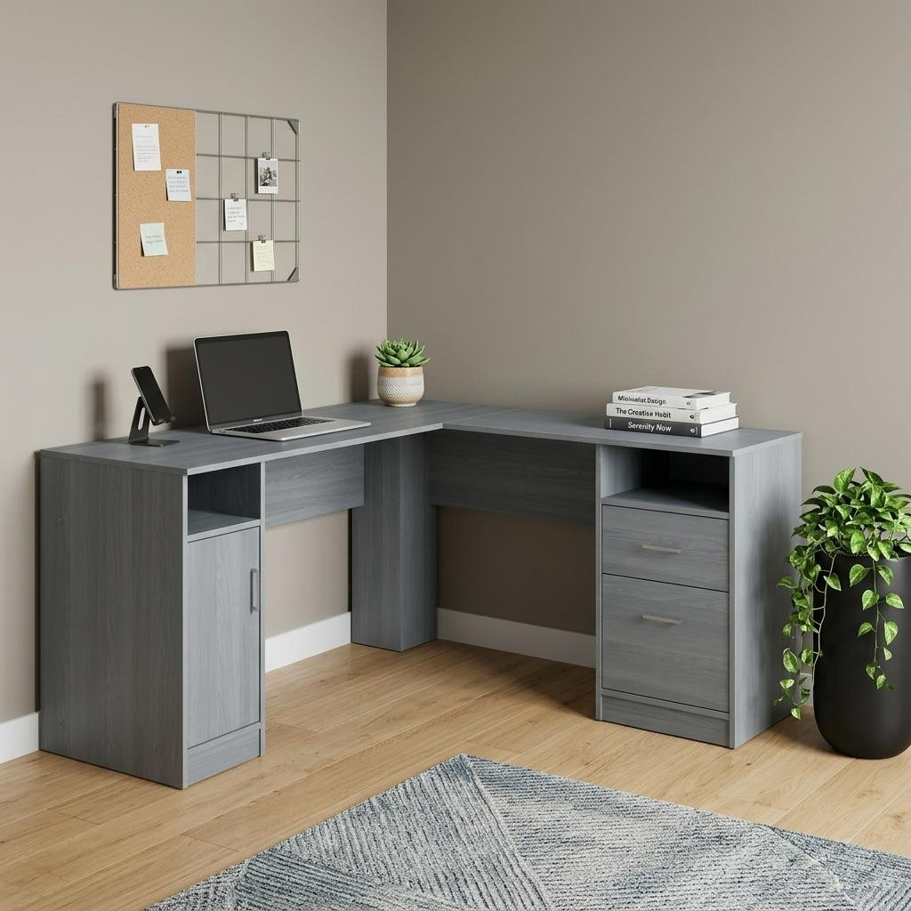 723778 60 in. Gray Wood L Shape Pedestal Computer Desk with Two Drawers