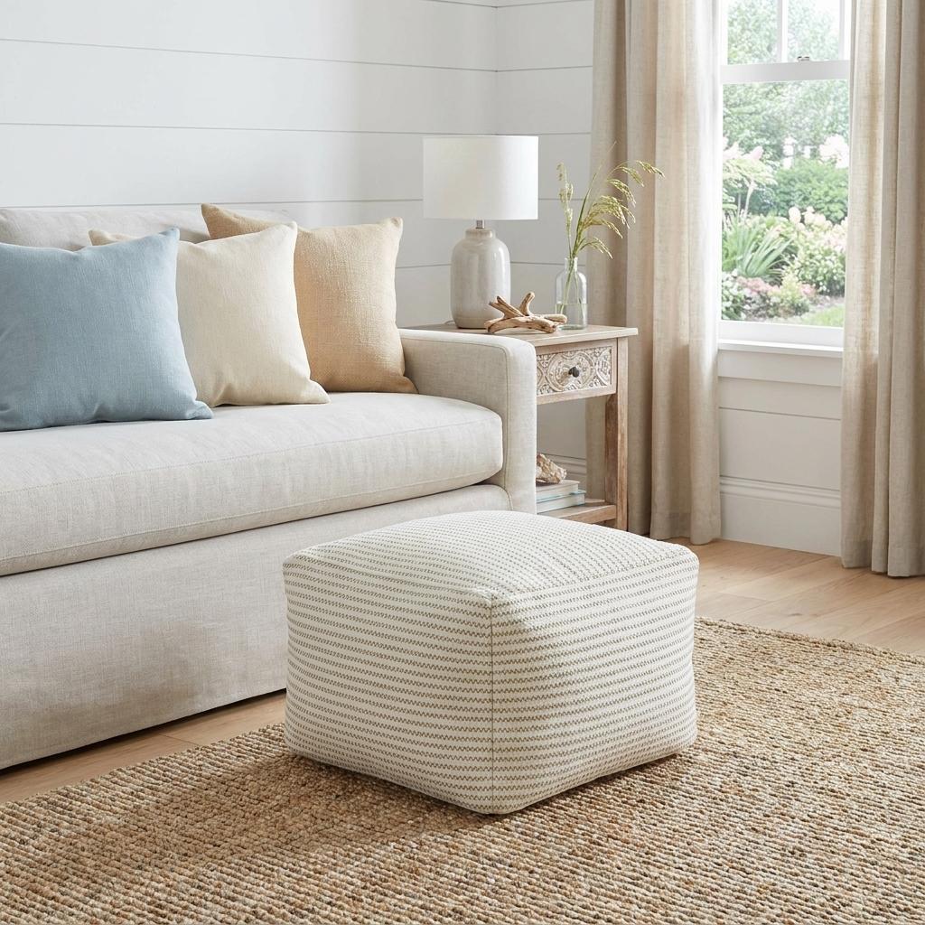 755496 18 in. Sage Green & Ivory Cotton Blend Striped Cube Pouf Ottoman