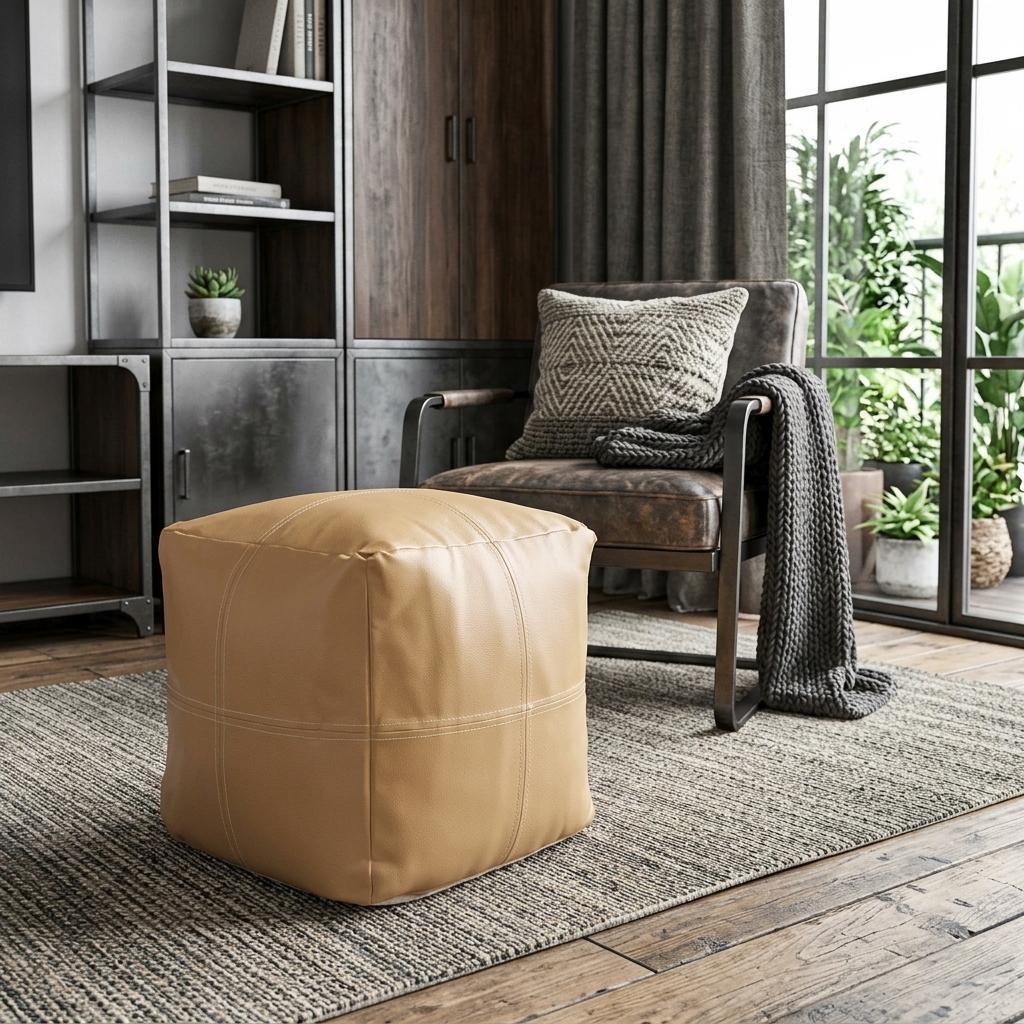 755500 18 in. Tan Faux Leather Cube Pouf Ottoman