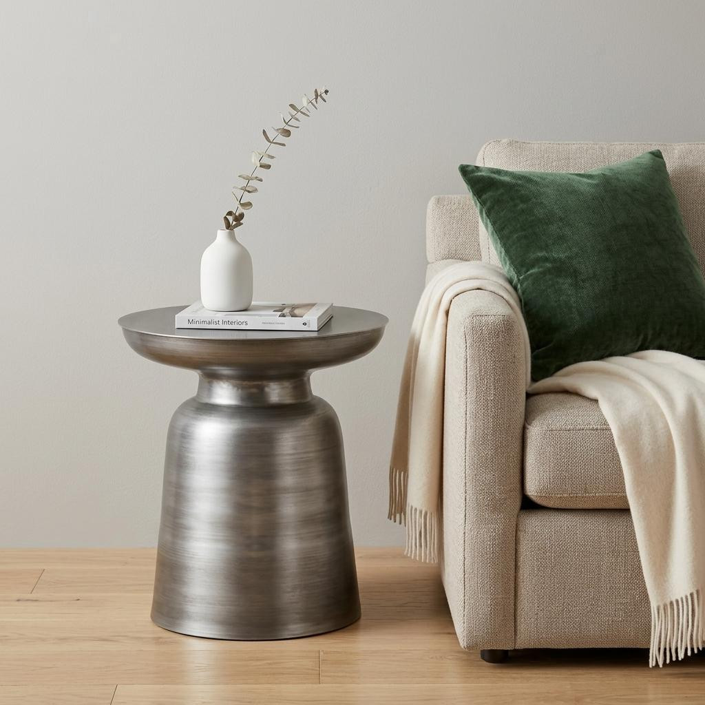 636071 18 in. Glossy Silver Iron Round Pedestal End Table
