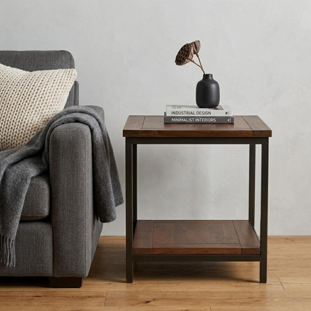 641898 22 in. Dark Brown & Black Solid Wood & Steel Square End Table with Shelf