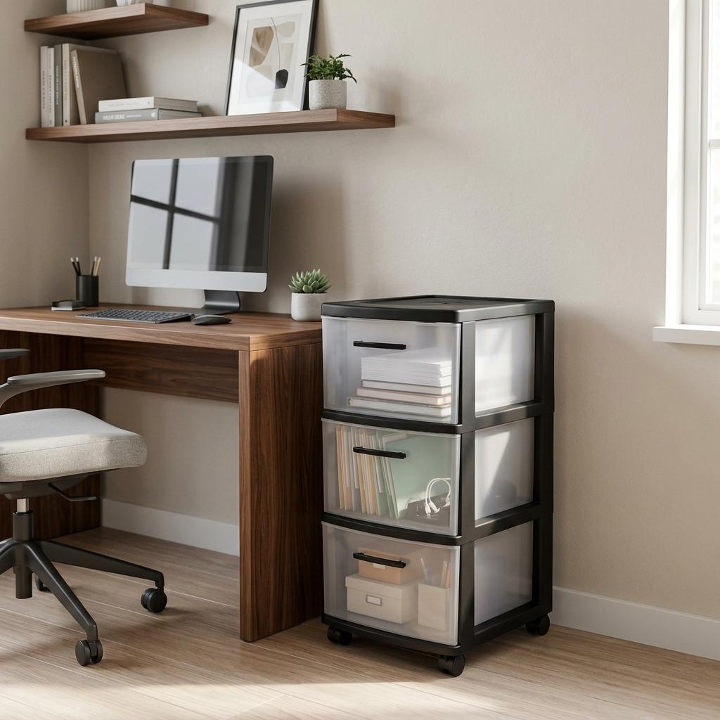 738429 13 in. Black & Clear Heavy Duty Plastic Three Drawer Rolling Storage Cabinet