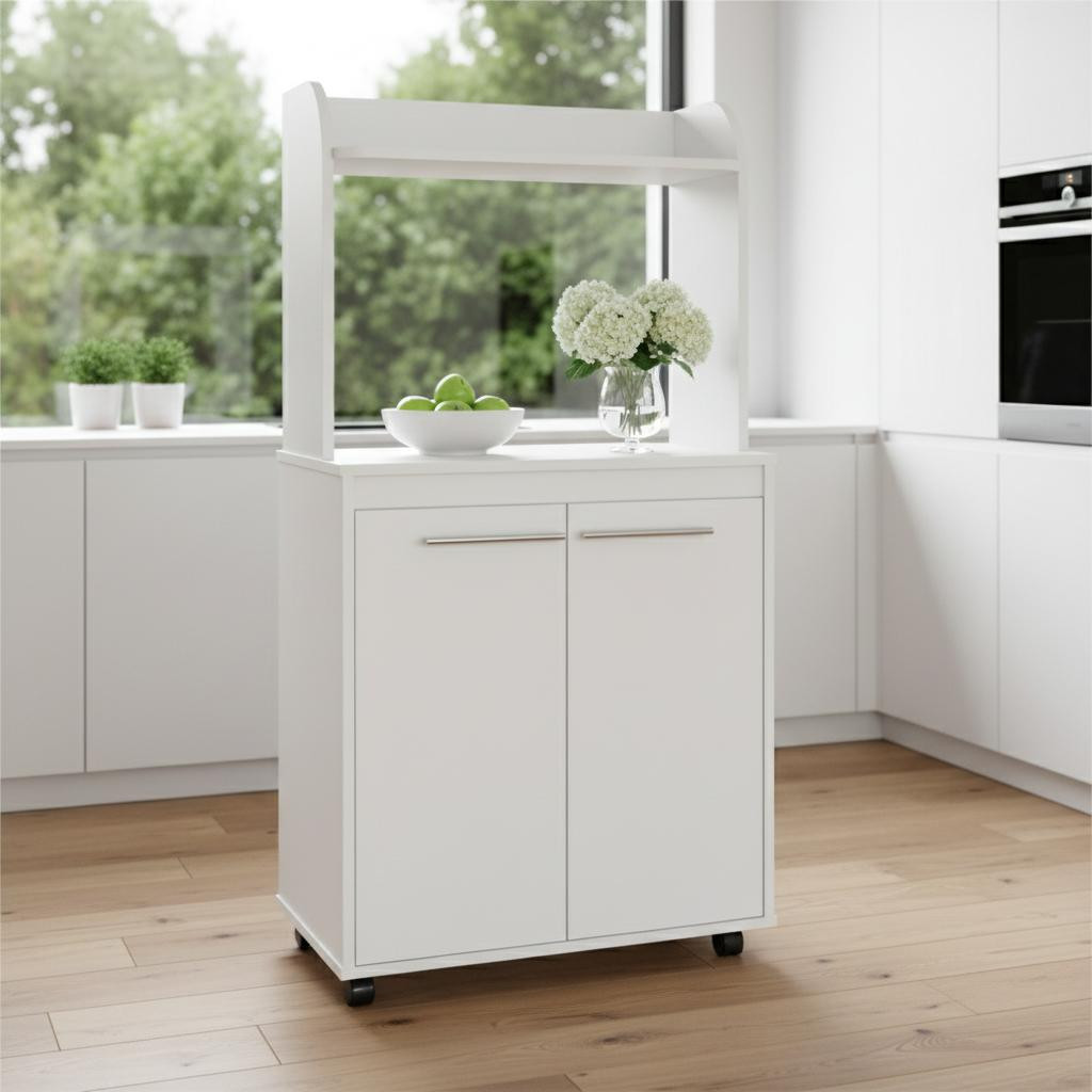 478402 25 in. White Wood Rolling Kitchen Cart with Storage