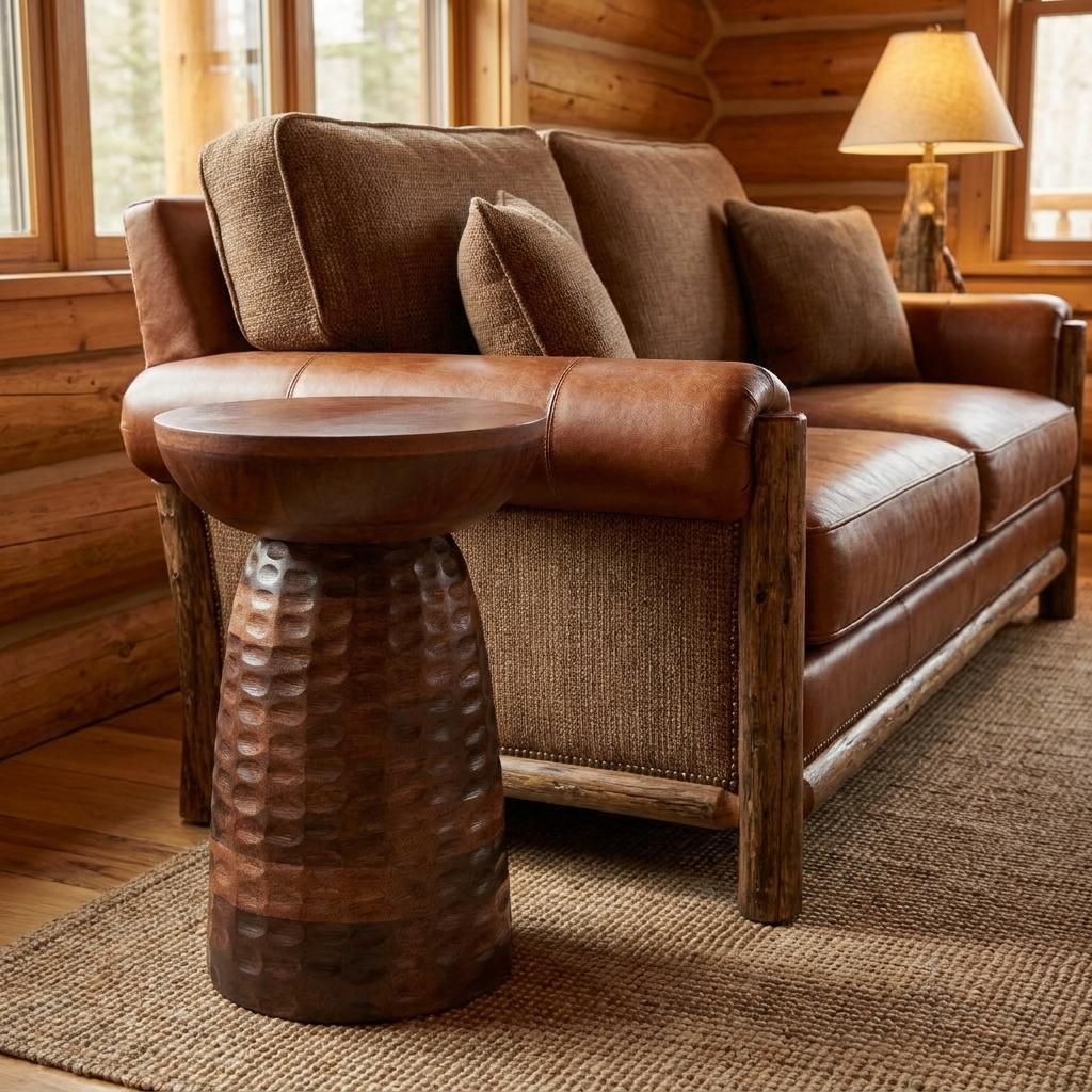641941 18 in. Dark Brown Distressed Solid Wood Round Drum End Table