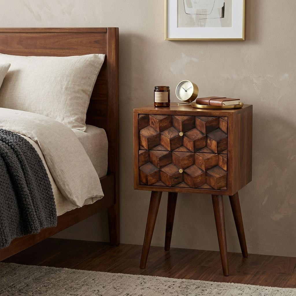 701737 24 in. Brown Solid Wood Carved Geometric Two Drawer Nightstand