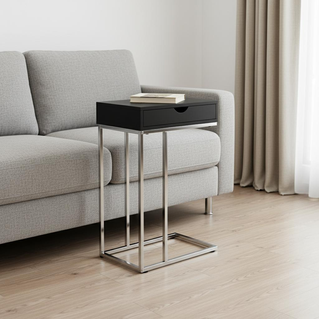 489688 24 in. Black & Silver Laminate & Iron End Table with Drawer