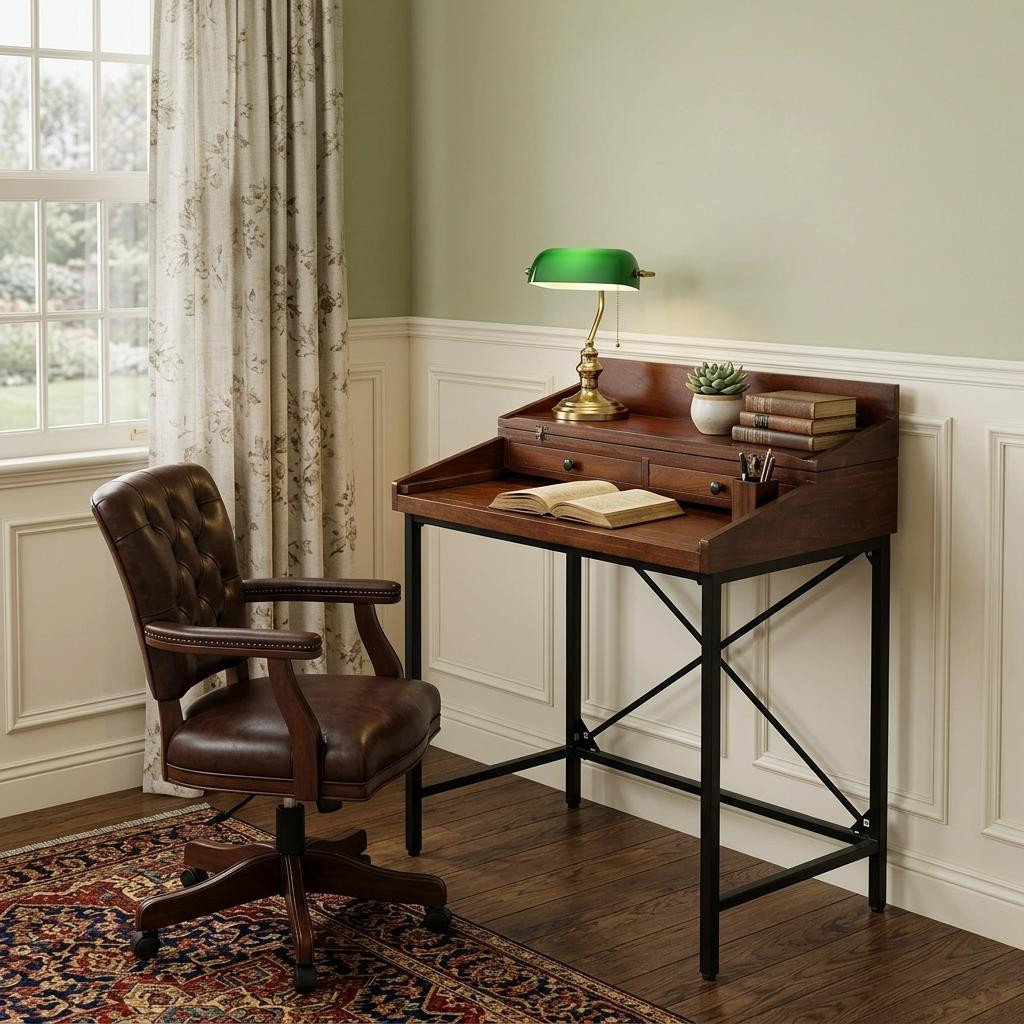 734770 31 in. Chestnut & Black Solid Wood & Iron Writing Desk with Two Drawers