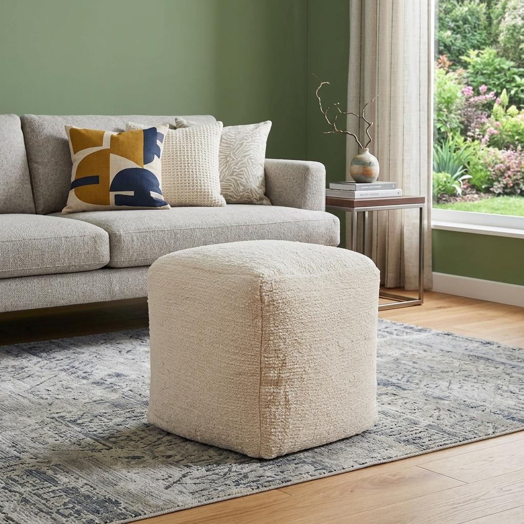 755498 18 in. Beige & Natural Cotton Blend Cube Pouf Ottoman