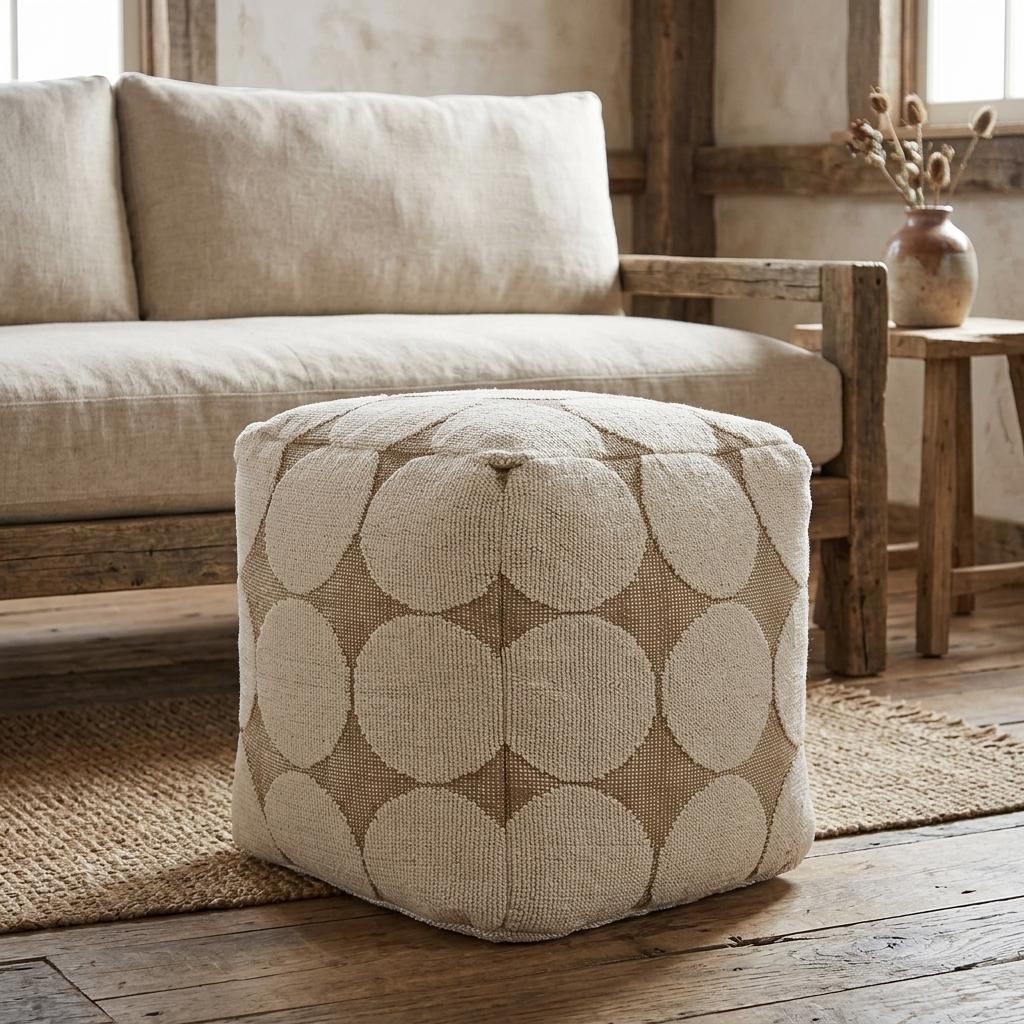 755499 18 in. Beige Khaki & Natural Cotton Blend Geometric Cube Pouf Ottoman