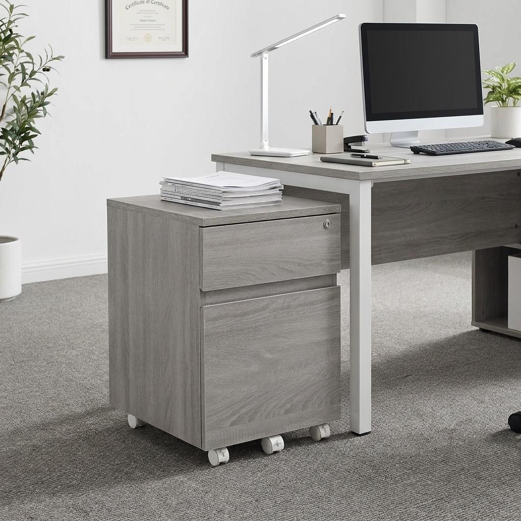 723074 23 in. Gray Wood Two Drawer Rolling Filing Cabinet