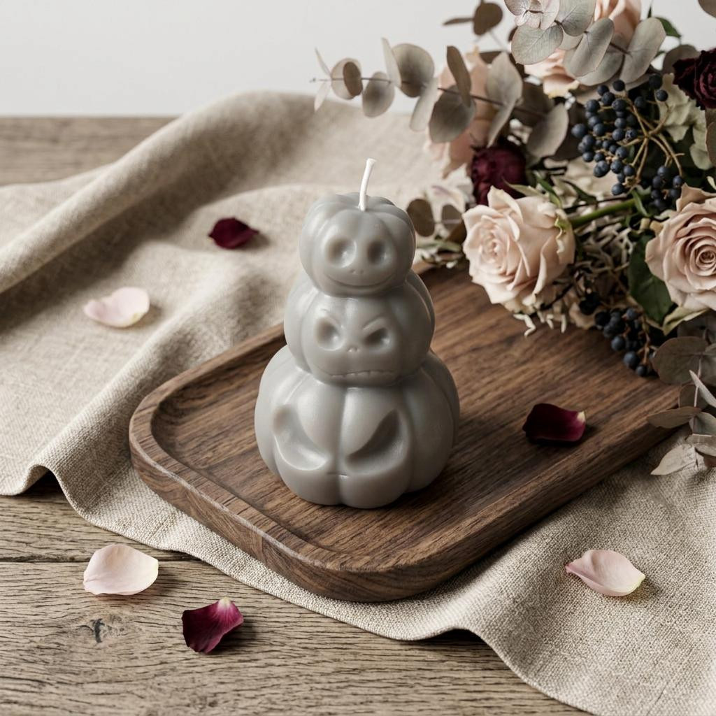 723151 3 in. Gray Unscented Dimensional Pumpkin Trio Soy Wax Candle