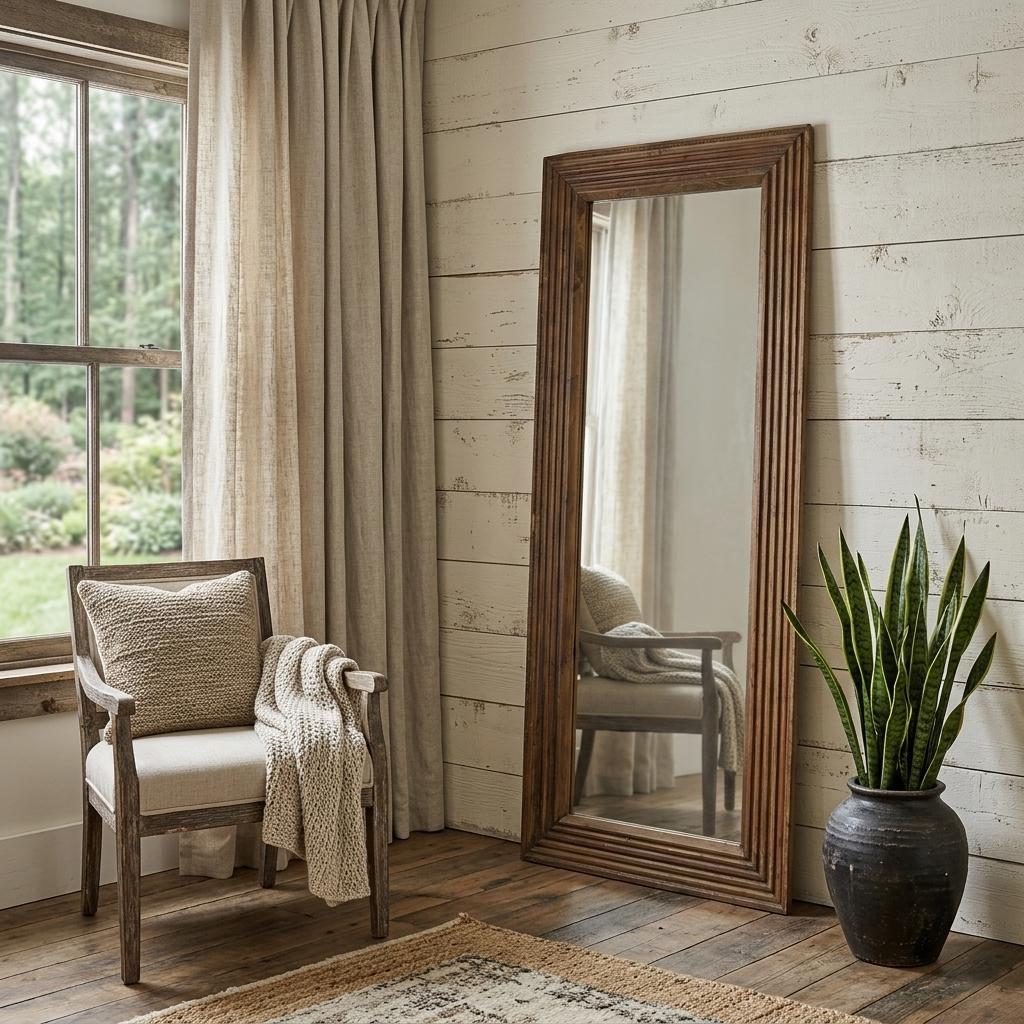 729176 69 in. Brown Ribbed Solid Wood Wall Mounted & Leaning Framed Full Length Mirror