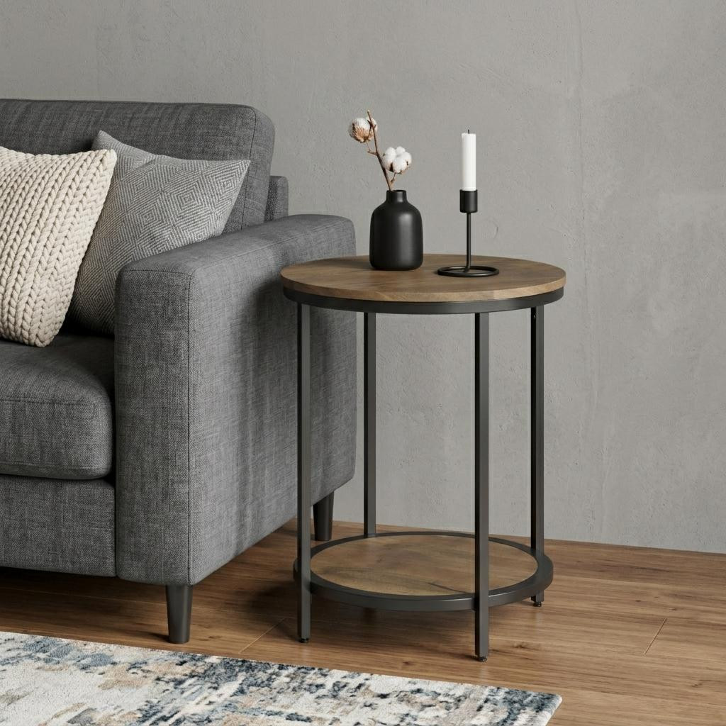 636077 24 in. Matte Gray & Black Solid Wood & Iron Round End Table with Shelf