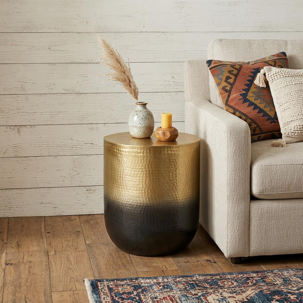 636096 22 in. Hammered Gold & Black Distressed Iron Round Drum End Table