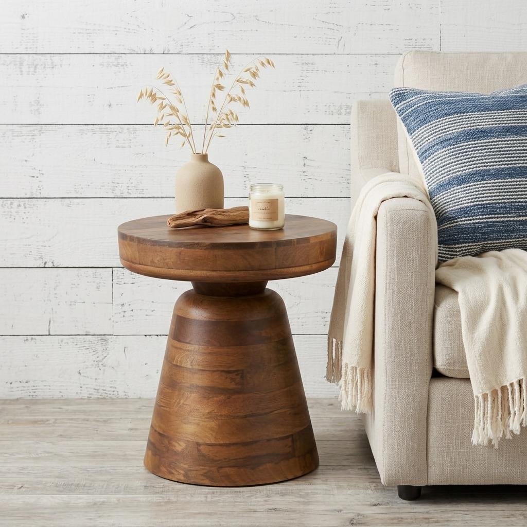 641895 18 in. Distressed Walnut Distressed Solid Wood Round Pedestal End Table
