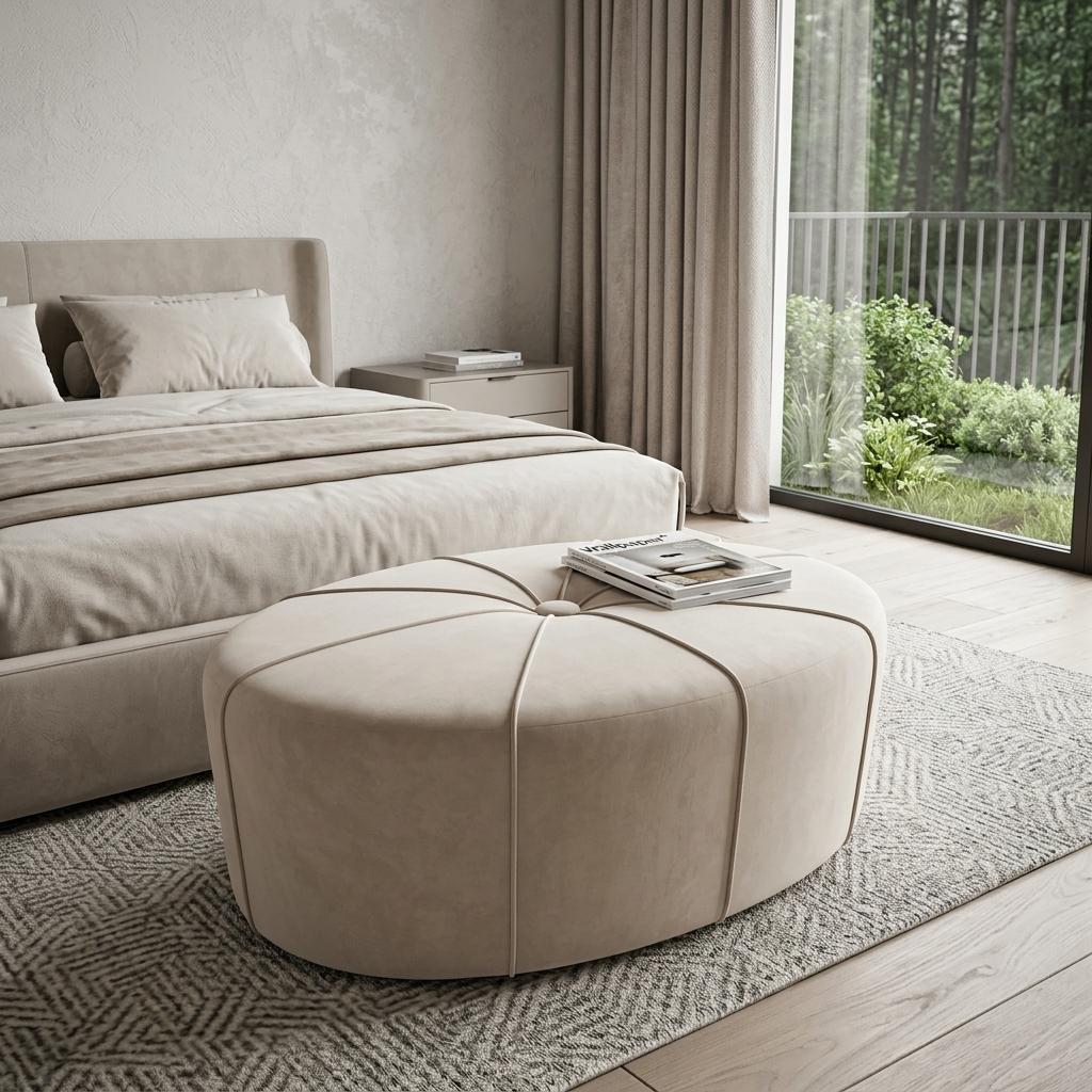 748616 48 in. Cream & Black Cotton Blend & Linen Blend Tufted Oval Footstool