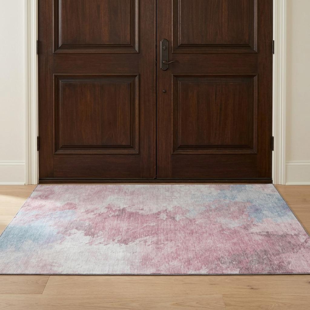 696759 3 x 5 ft. Blush Blue & Ivory Abstract Washable Area Rug with UV Protection